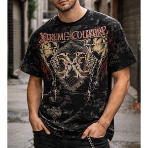 Xtreme Couture by Affliction Mens Gothic Skull Armor T-shirt 2XL Rock Streetwear